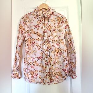 J. Crew Floral Ruffle Collar Button-Down Blouse in Pink and Yellow